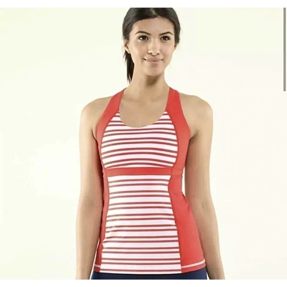 Lululemon Run Fast Track Tank Top Shelf Bra Red Twin Stripe Workout Yoga - Picture 1 of 4